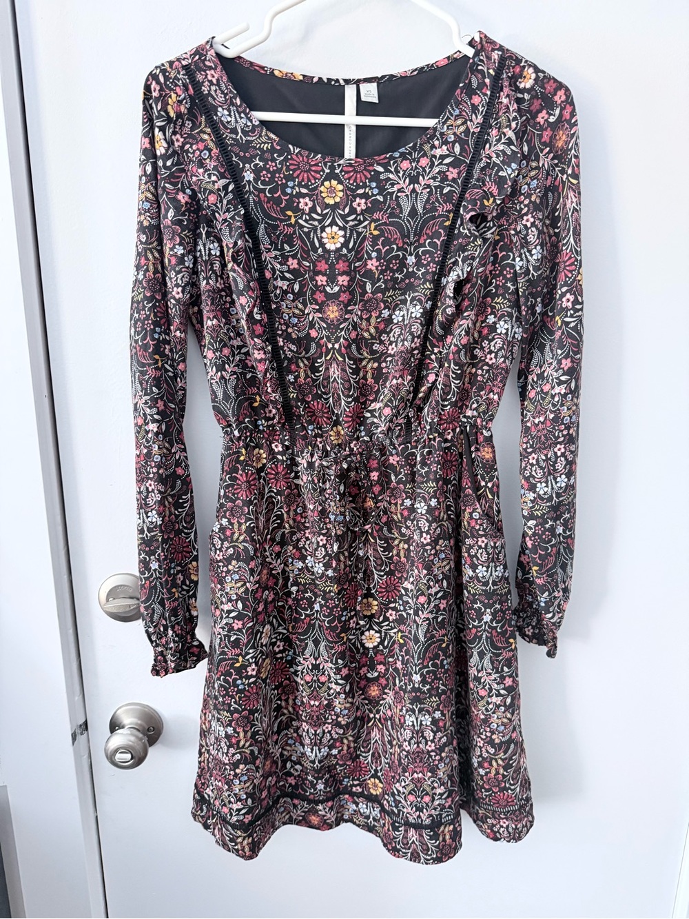 Floral Long-Sleeve Fit & Flare Dress with pockets  in black and floral, XS